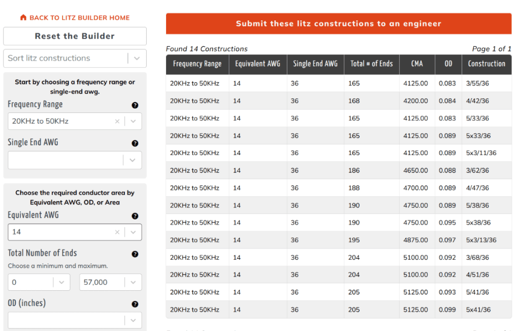 Screenshot of search results in the litz builder tool